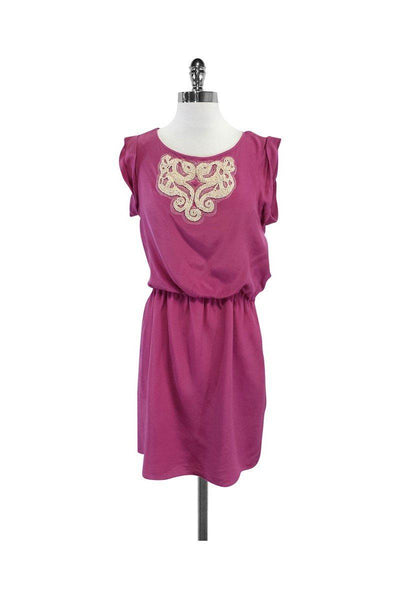 Current Boutique-Tibi - Amaranth Pink & White Beaded Silk Short Sleeve Dress Sz 6