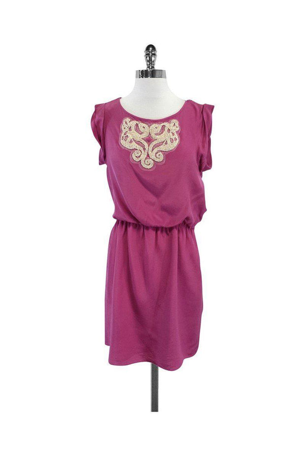 Current Boutique-Tibi - Amaranth Pink & White Beaded Silk Short Sleeve Dress Sz 6