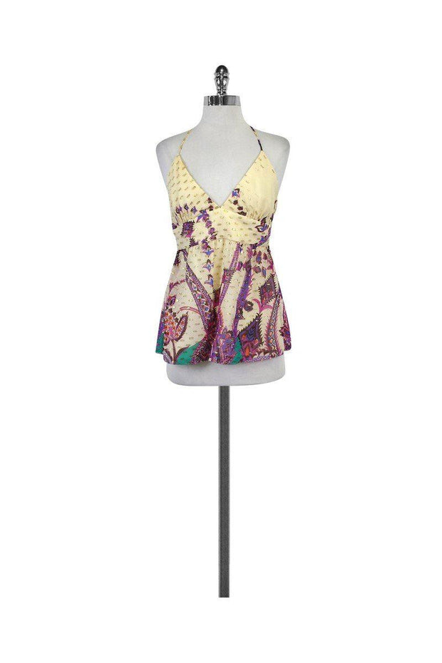 Current Boutique-Tibi - Cream Multicolor Print Metallic Halter Top Sz 6