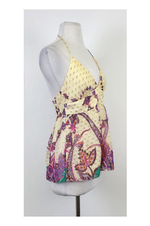 Current Boutique-Tibi - Cream Multicolor Print Metallic Halter Top Sz 6