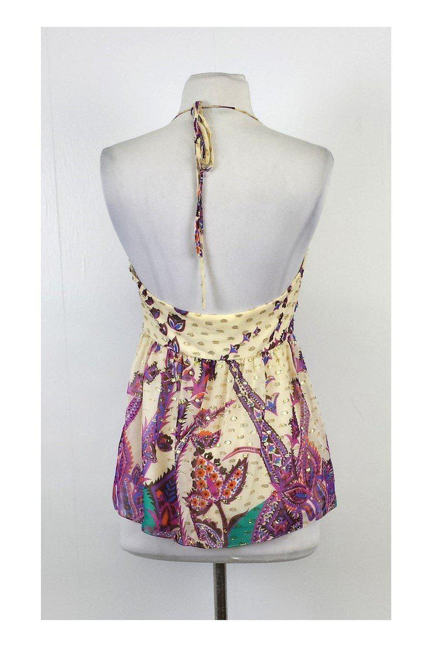 Current Boutique-Tibi - Cream Multicolor Print Metallic Halter Top Sz 6