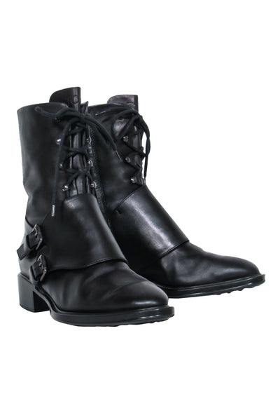 Current Boutique-Tod's - Black Lace Up & Double Buckle Combat Boot Sz 8