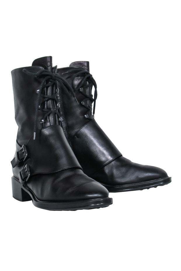 Current Boutique-Tod's - Black Lace Up & Double Buckle Combat Boot Sz 8