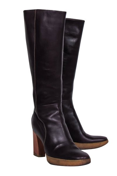 Current Boutique-Tod's - Deep Plum Smooth Leather Boots w/ Block Heel Sz 7