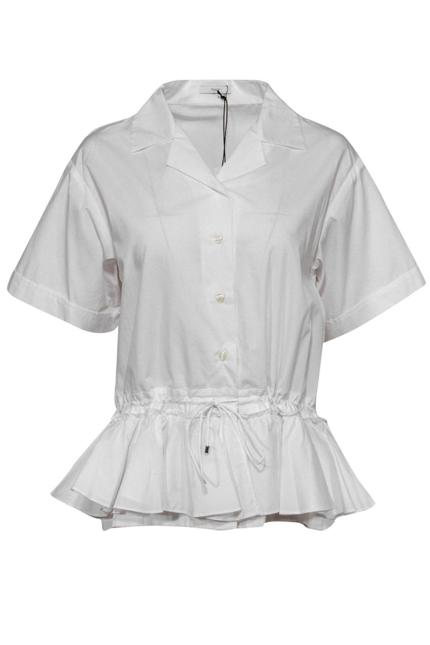 Current Boutique-Tome - White Short Sleeve Button-Up Drawstring Blouse w/ Peplum Hem Sz 8
