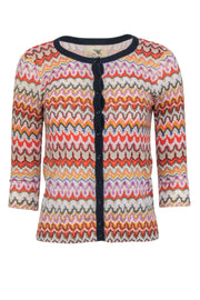 Current Boutique-Tabitha - Multicolor Printed Cropped Sleeve Cotton Cardigan w/ Navy Trim Sz XS