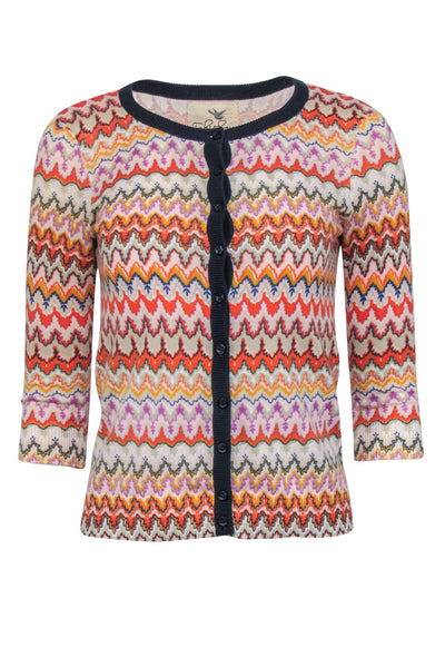 Current Boutique-Tabitha - Multicolor Printed Cropped Sleeve Cotton Cardigan w/ Navy Trim Sz XS