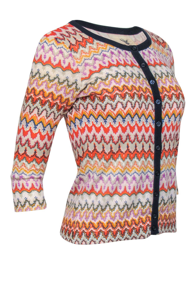 Current Boutique-Tabitha - Multicolor Printed Cropped Sleeve Cotton Cardigan w/ Navy Trim Sz XS