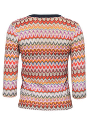 Current Boutique-Tabitha - Multicolor Printed Cropped Sleeve Cotton Cardigan w/ Navy Trim Sz XS
