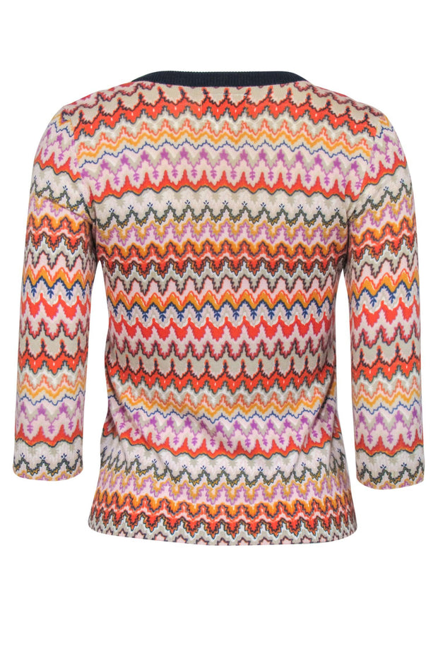 Current Boutique-Tabitha - Multicolor Printed Cropped Sleeve Cotton Cardigan w/ Navy Trim Sz XS