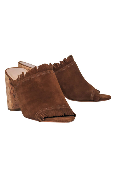 Current Boutique-Tory Burch - Brown Suede Fringed Open Toe Cork Heel Mule Pumps Sz 8