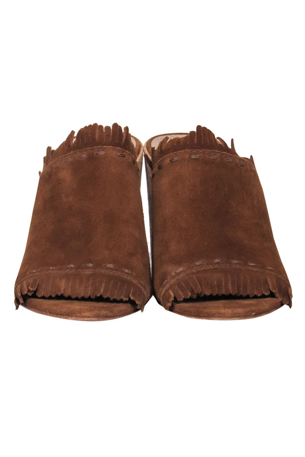 Current Boutique-Tory Burch - Brown Suede Fringed Open Toe Cork Heel Mule Pumps Sz 8