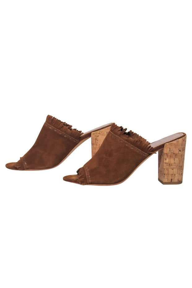 Current Boutique-Tory Burch - Brown Suede Fringed Open Toe Cork Heel Mule Pumps Sz 8