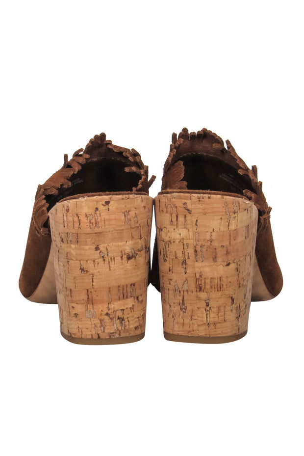 Current Boutique-Tory Burch - Brown Suede Fringed Open Toe Cork Heel Mule Pumps Sz 8