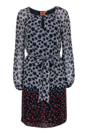 Current Boutique-Tory Burch - Navy, White & Orange Floral Print Belted Silk Shift Dress Sz 4