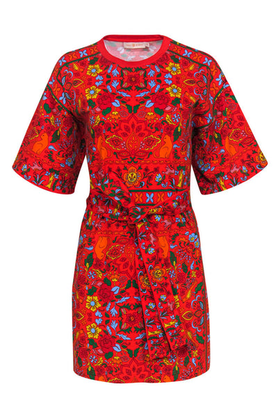Current Boutique-Tory Burch - Red Belted T-shirt Dress w/ Multi Colored Floral Print Sz SP