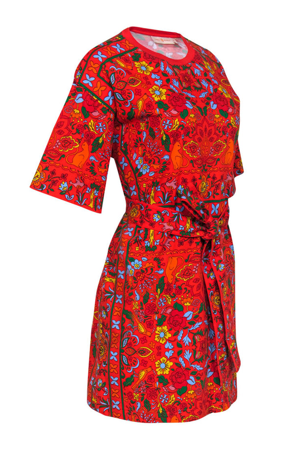 Current Boutique-Tory Burch - Red Belted T-shirt Dress w/ Multi Colored Floral Print Sz SP