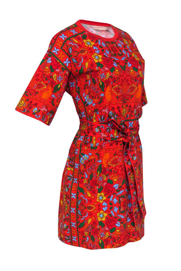 Current Boutique-Tory Burch - Red Belted T-shirt Dress w/ Multi Colored Floral Print Sz SP