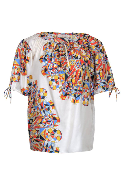 Current Boutique-Tory Burch – Multicolored Geometric Pattern Silk Blouse Sz 8