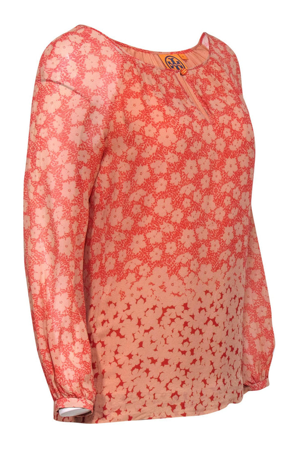 Current Boutique-Tory Burch - Coral & Red Floral Print Silk Blouse Sz 2