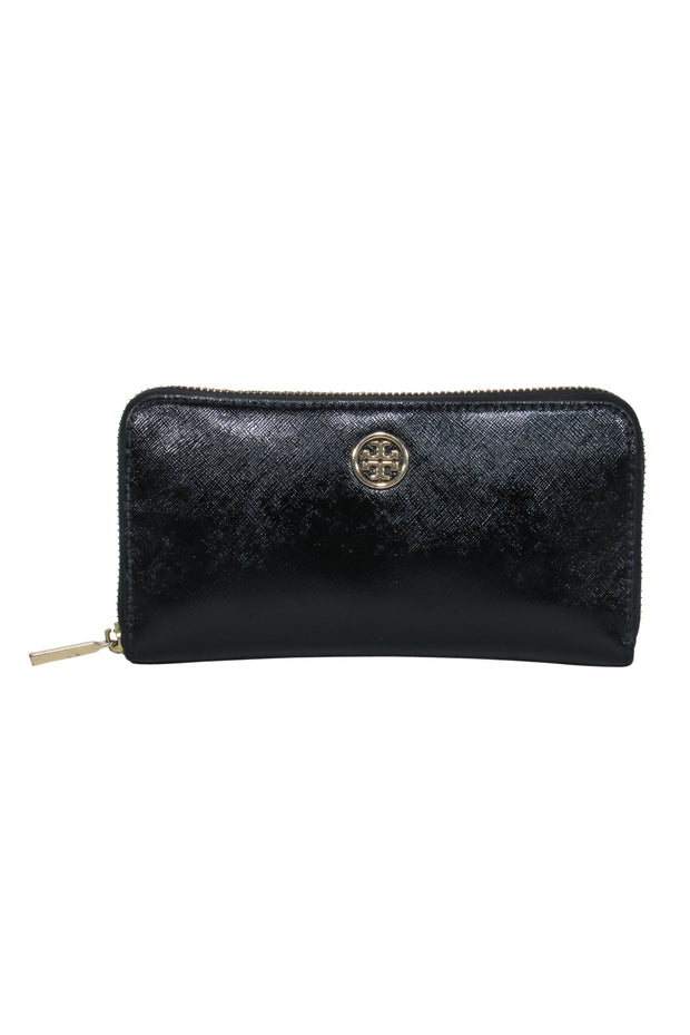 Current Boutique-Tory Burch - Black Zip Around Wallet w/ Gold Logo
