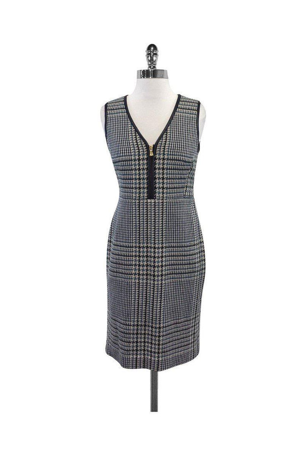 Current Boutique-Tory Burch - Green & Cream Houndstooth Leather Trim Dress Sz 2