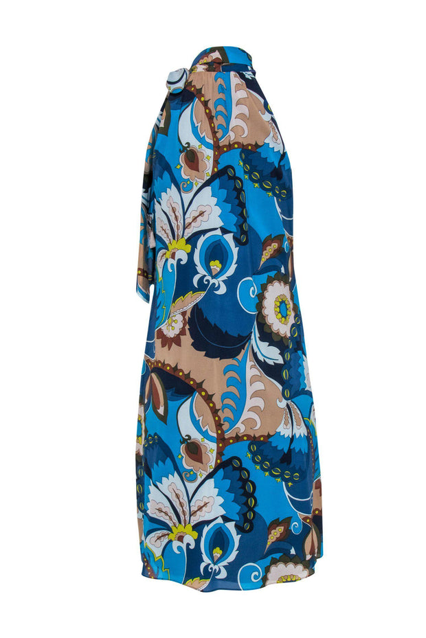 Current Boutique-Trina Turk - Blue Paisley Print Sleeveless Midi Dress w/ Neck Tie Sz 0