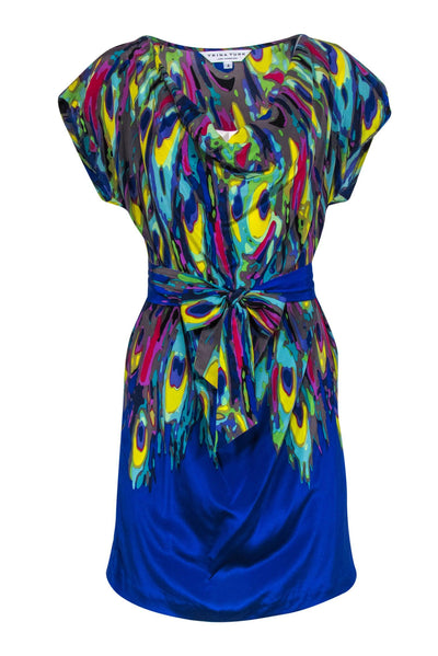 Current Boutique-Trina Turk - Blue & Multicolor Psychedelic Print Dress w/ Waist Sash Sz 4