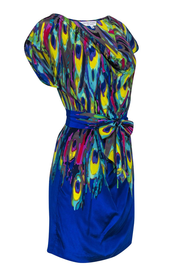 Current Boutique-Trina Turk - Blue & Multicolor Psychedelic Print Dress w/ Waist Sash Sz 4
