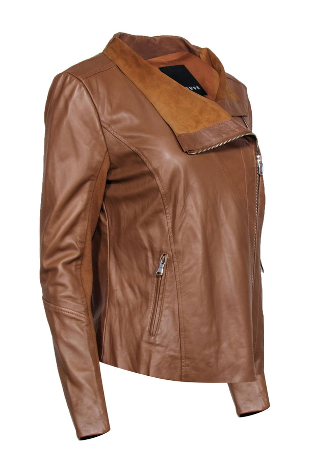 Current Boutique-Trouve - Tan Leather Draped Jacket w/ Zipper Back Sz M