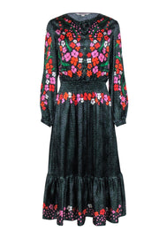 Current Boutique-Tucker - Black Multi Color Floral Long Sleeve Quarter Button Midi "Juliette" Dress Sz L