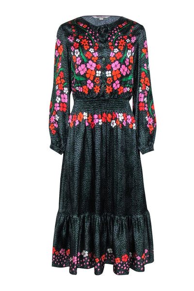 Current Boutique-Tucker - Black Multi Color Floral Long Sleeve Quarter Button Midi "Juliette" Dress Sz L