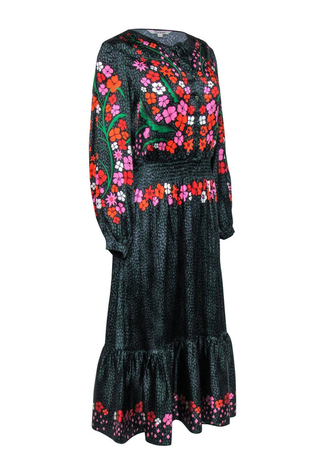 Current Boutique-Tucker - Black Multi Color Floral Long Sleeve Quarter Button Midi "Juliette" Dress Sz L