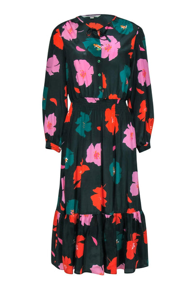 Current Boutique-Tucker - Green Floral Long Sleeve Quarter Button Midi "Juliette" Dress Sz L