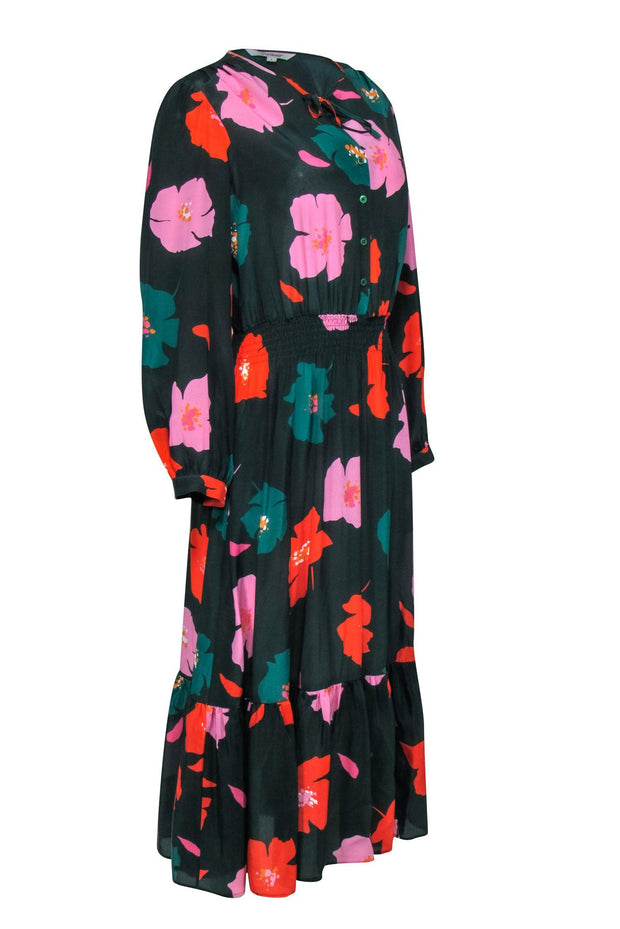 Current Boutique-Tucker - Green Floral Long Sleeve Quarter Button Midi "Juliette" Dress Sz L