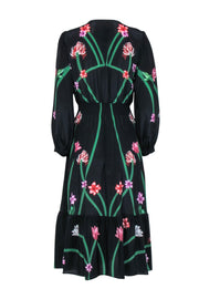 Current Boutique-Tucker - Black Floral Long Sleeve Quarter Button Midi "Juliette" Dress Sz M