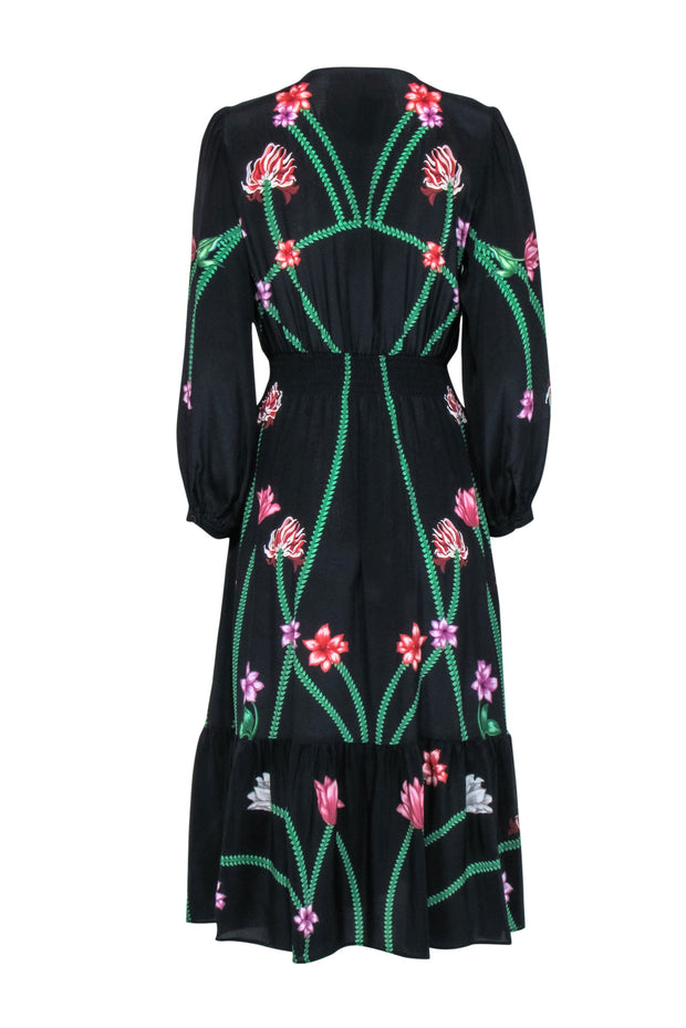 Current Boutique-Tucker - Black Floral Long Sleeve Quarter Button Midi "Juliette" Dress Sz M