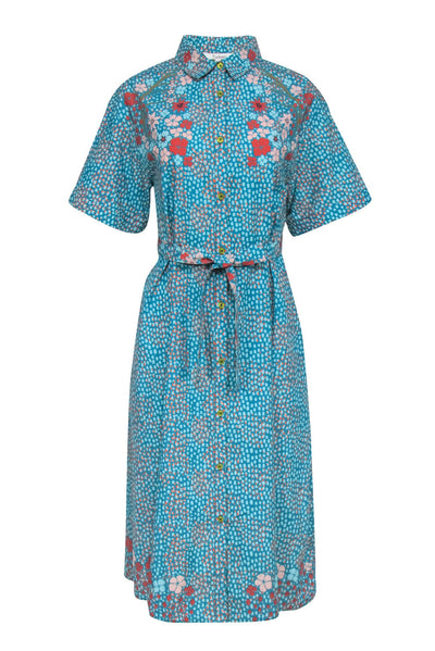 Current Boutique-Tucker - Teal & Orange Dotted Print w/ Floral Short sleeve Button Front Dress Sz M