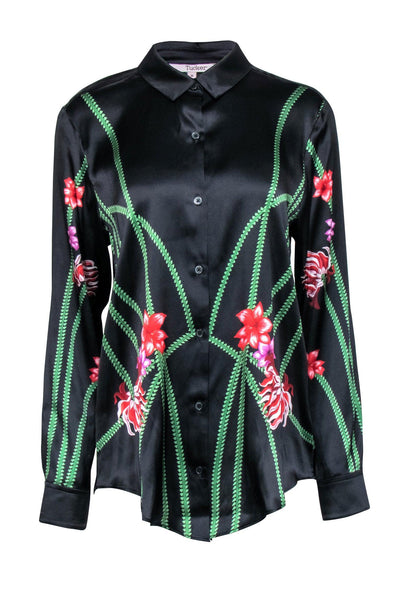 Current Boutique-Tucker - Black Floral Silk Blend Blouse Sz M