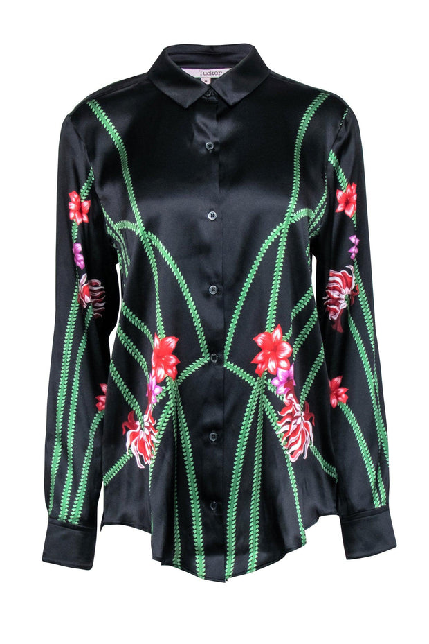 Current Boutique-Tucker - Black Floral Silk Blend Blouse Sz M