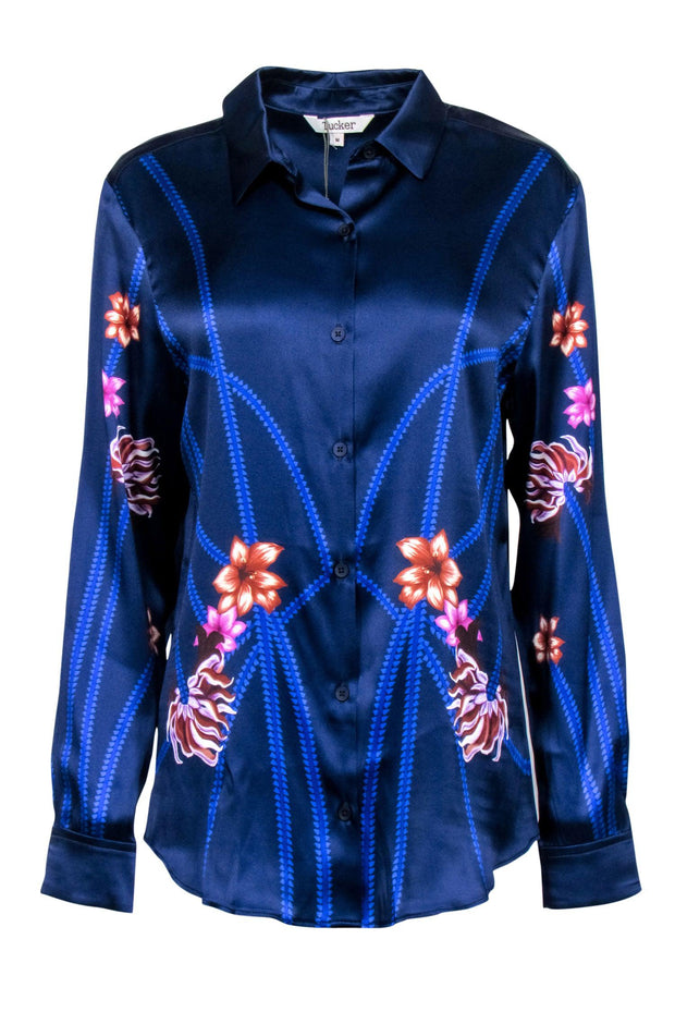 Current Boutique-Tucker - Royal Blue Floral Print Silk Blend Blouse Sz M