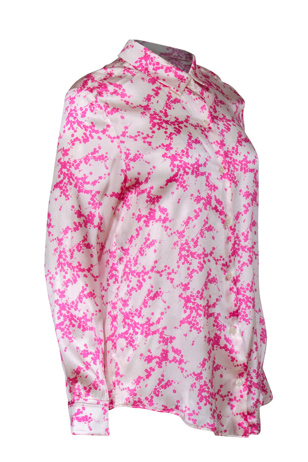 Current Boutique-Tucker - Cream & Pink Cherry Blossom Print Silk Blend Blouse Sz M