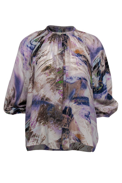 Current Boutique-Tucker - Pastel Watercolor Printed Silk Peasant Blouse Sz M