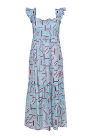 Current Boutique-Tuckernuck - Blue, Red, & Cream Print Ruffle Shoulder Maxi Dress Sz L