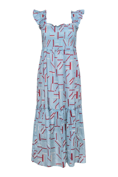 Current Boutique-Tuckernuck - Blue, Red, & Cream Print Ruffle Shoulder Maxi Dress Sz L