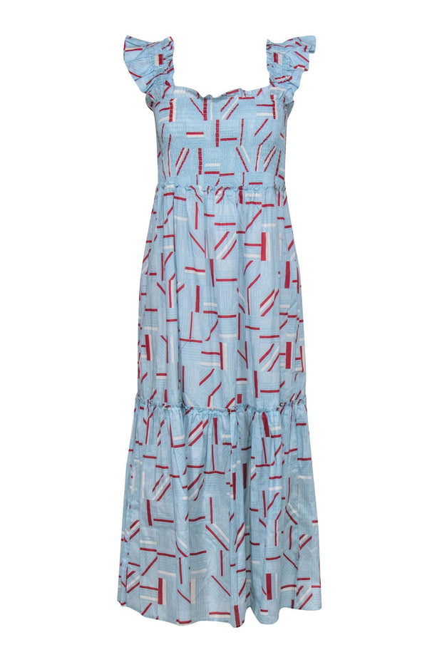 Current Boutique-Tuckernuck - Blue, Red, & Cream Print Ruffle Shoulder Maxi Dress Sz L