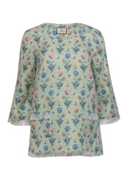Current Boutique-Tuckernuck - Mint Floral Print Long Sleeve Fringed Top Sz S