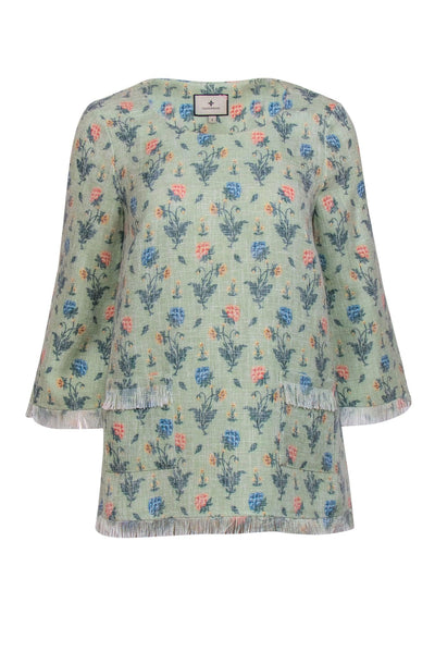 Current Boutique-Tuckernuck - Mint Floral Print Long Sleeve Fringed Top Sz S