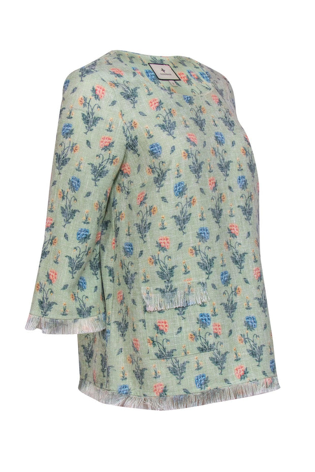 Current Boutique-Tuckernuck - Mint Floral Print Long Sleeve Fringed Top Sz S