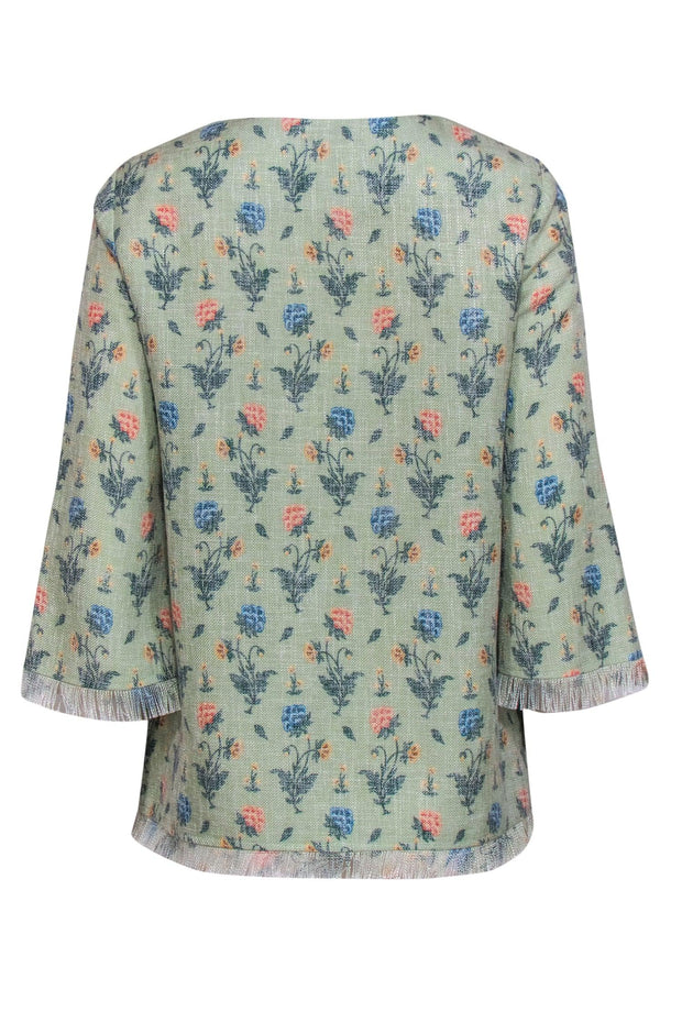 Current Boutique-Tuckernuck - Mint Floral Print Long Sleeve Fringed Top Sz S